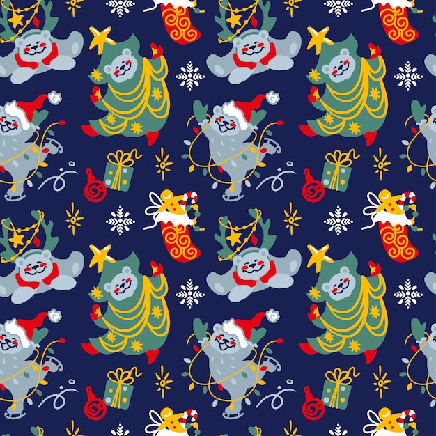 Reticolo di natale orso divertente e celebrazione di natale seamless pattern vector