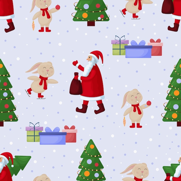 Christmas pattern A pattern with the image of Santa Claus and a cute rabbit with a Christmas tree Seamless New Year pattern Vector illustration