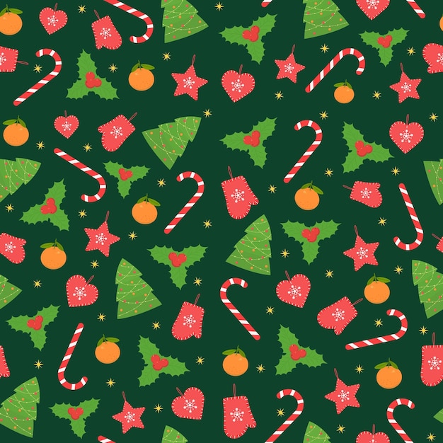 Christmas pattern. Seamless holiday background with christmas trees, candies, holly mistletoe.