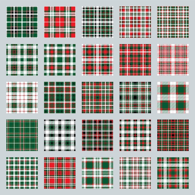 ベクトル 緑、赤、白のベクトル格子縞のシームレスなクリスマスパターン。グリーティングカード、包装紙の印刷物、または冬の装飾の壁紙の休日の背景を設定します。