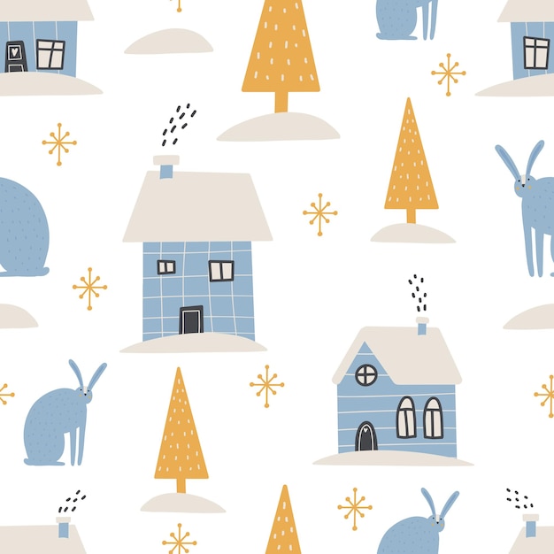 Christmas pattern winter forest scandinavian hand drawn seamless pattern new year christmas