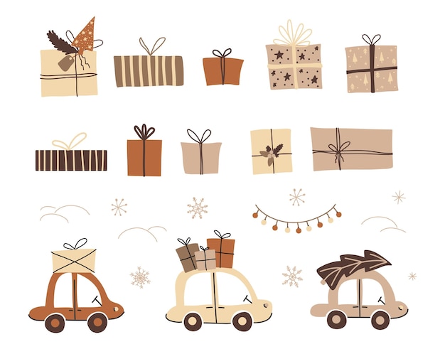 Christmas pattern with cars with gifts and fir trees in the forest