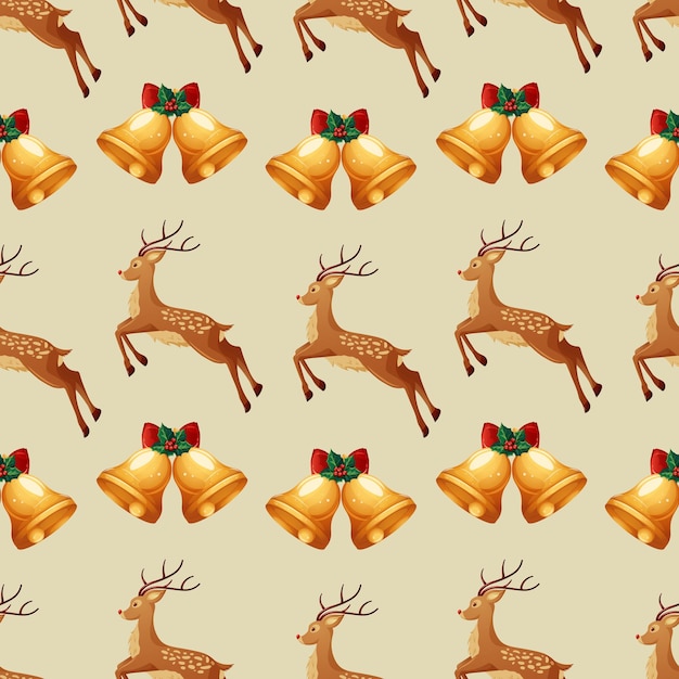 Christmas pattern with cartoon jumping reindeer and golden bells on beige background