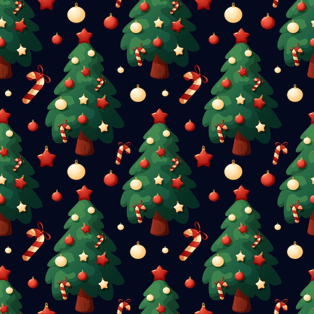 Christmas pattern with Christmas tree and toys on dark blue background