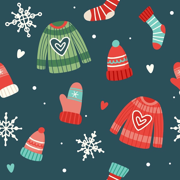 Рождественский узор с милыми свитерами, шапками, носками и перчатками