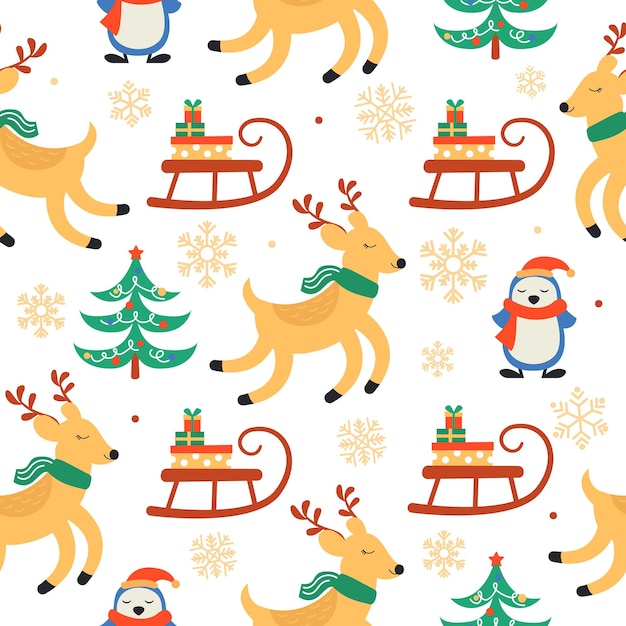 Christmas pattern with deer fir tree penguin and gifts Bright festive background Vector illustration