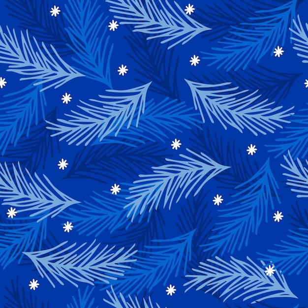 Christmas pattern with fir branches and snowflakes winter seamless blue background