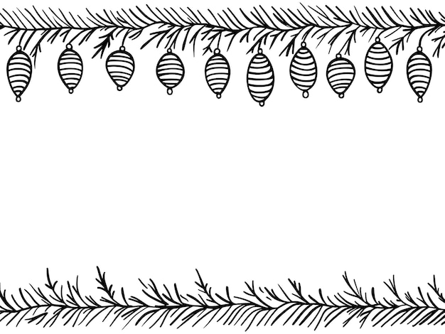 Christmas pattern with fir branches and toys Sketched holiday garlands and decorations isolated on white background