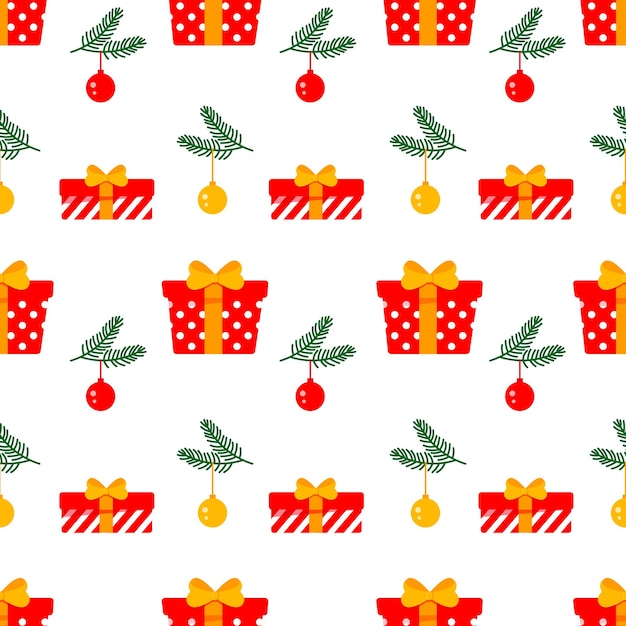 Christmas pattern with gift box red gift boxes with fir branches pine branches on white background