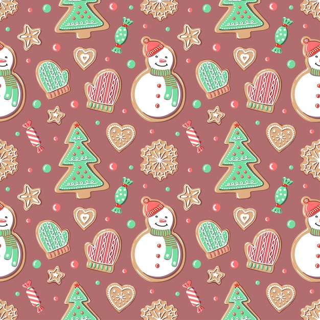 Christmas pattern with gingerbread. Christmas tree, snowman, mitten, snowflake, heart, star, candy on background