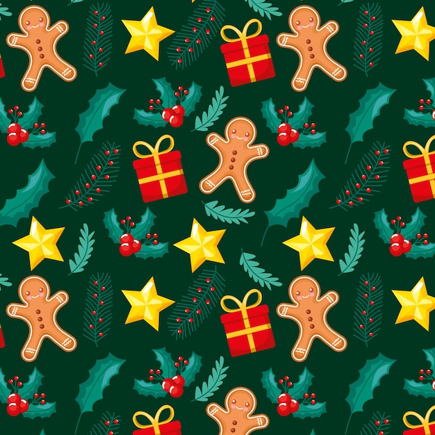 ジンジャーブレッドの贈り物と星のクリスマスパターン
