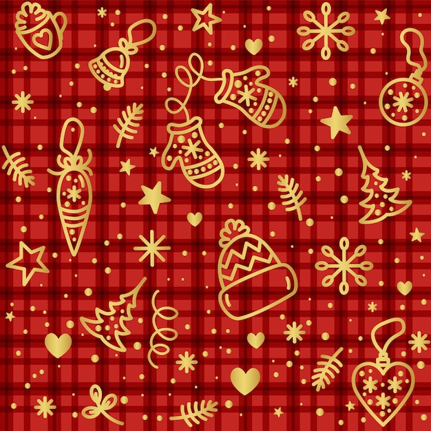 Vector christmas pattern with golden elements on a checkered background