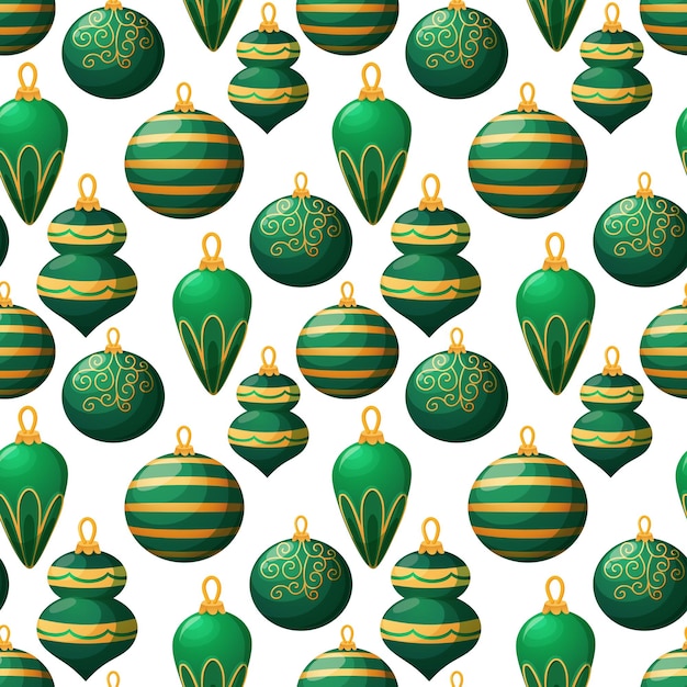 Christmas pattern with green and gold Christmas tree toys on white background 2