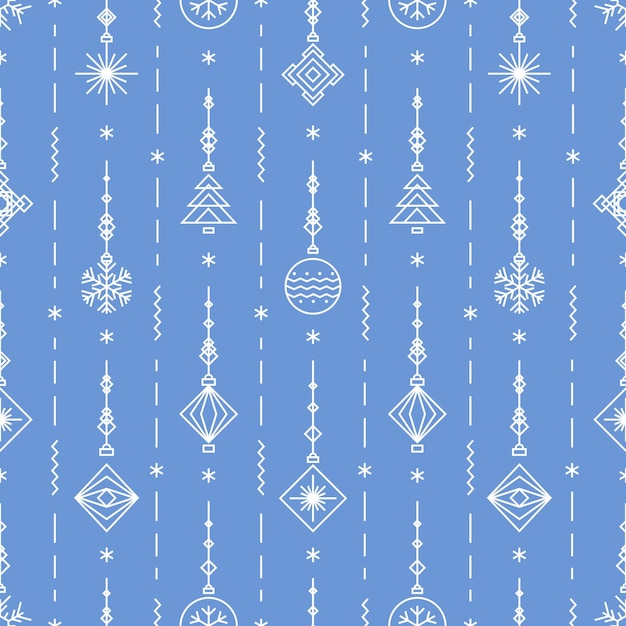 Christmas pattern with new years toy tree ball snowflake art deco line style