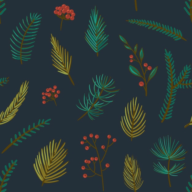 Christmas pattern with red winter berries and coniferous branches Vector seamless pattern