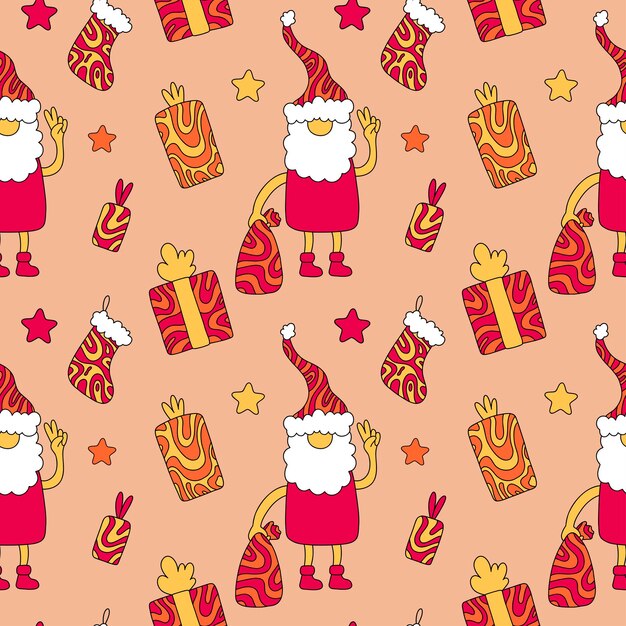 Christmas pattern with santa claus, gift box stocking and stars. groovy vector seamless illustration