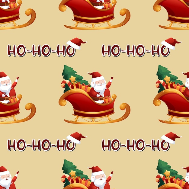 Christmas pattern with Santa Claus sleigh and text hohoho on light yellow background