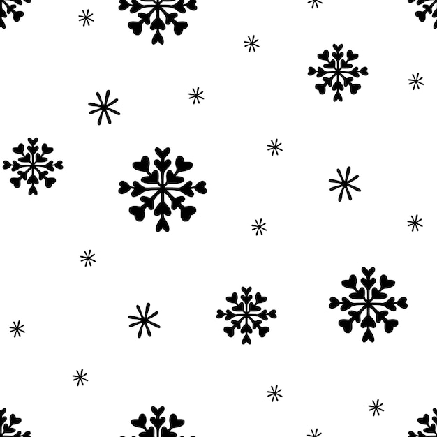 Christmas pattern with snowflakes doodle style, minimalism, seamless black and white