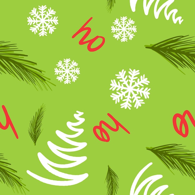 Рождественский узор со снежинками и веткой канунного дерева и надписью хо-хо и ручным рисунком абстрактного кануна