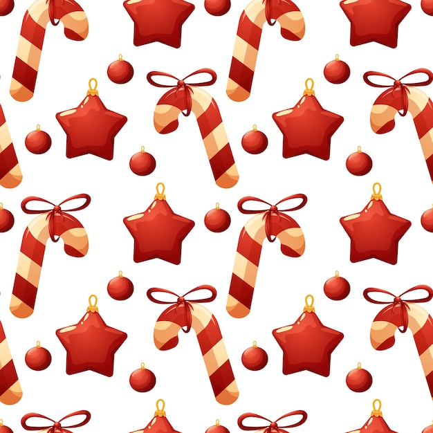 Christmas pattern with striped lollipop and red Christmas tree toys on white background