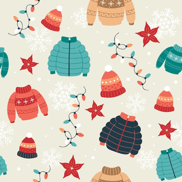 Motivo natalizio con maglioni, cappotti invernali, cappelli e luci. sfondo festivo con elementi disegnati a mano, illustrazione vettoriale