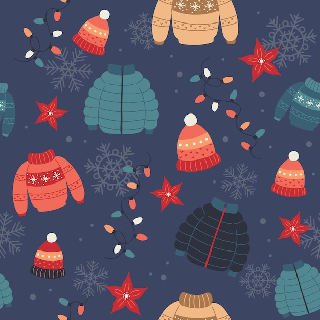 Christmas pattern with sweaters, winter coats, hats and lights. Festive background with hand drawn elements, vector illustration