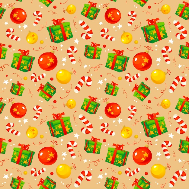 Christmas pattern with traditional symbols and gifts, wrapping paper