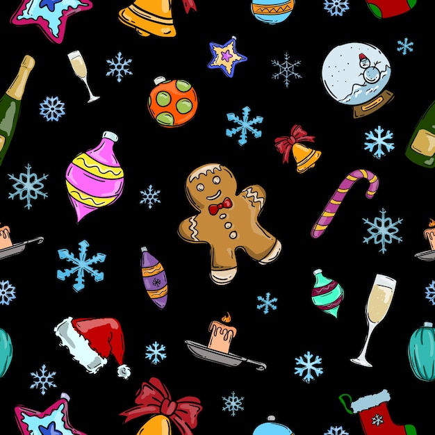 Christmas pattern for wrapping paper with a black background and colorful Christmas elements