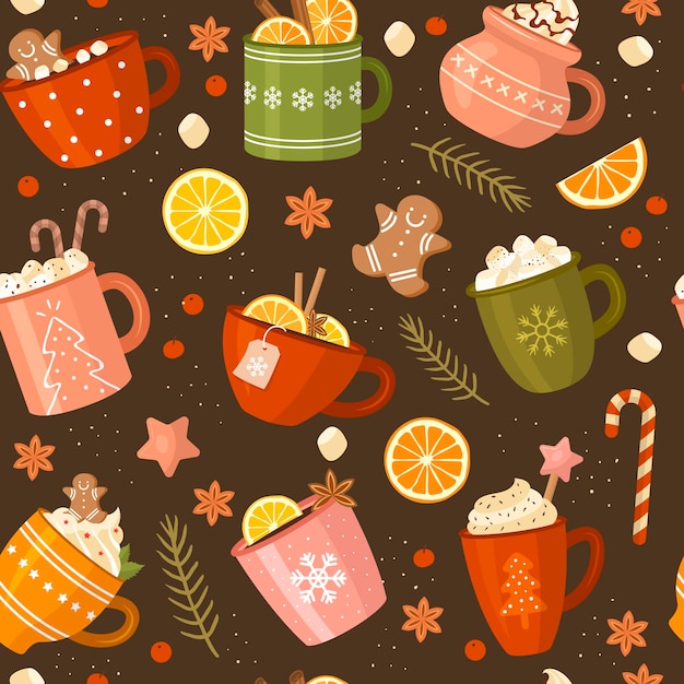 Christmas pattern xmas cups with beverage hot drinks coffee and tea recent vector seamless background