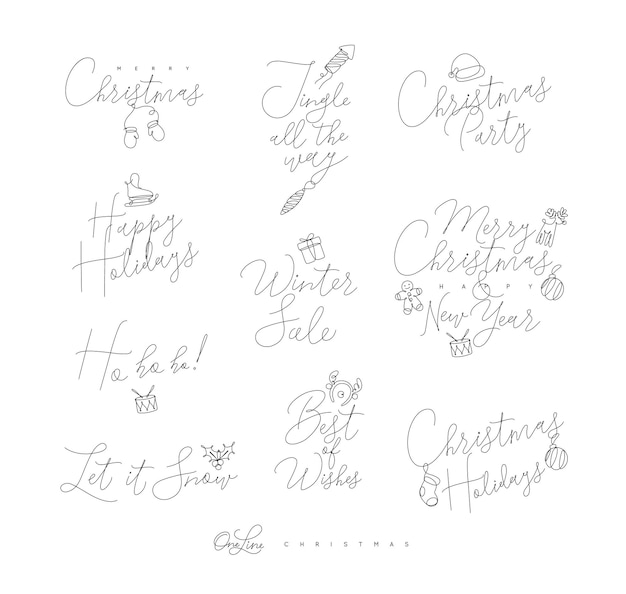 Vector christmas pen line lettering for winter holidays drawing on white background