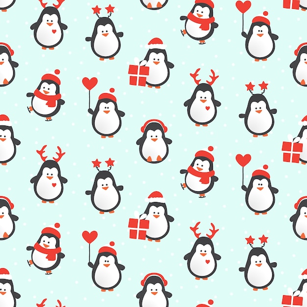 Vector christmas penguin characters seamless pattern