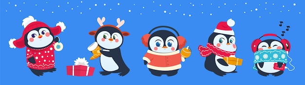 Christmas penguin. Funny snow animals, cute baby penguins cartoon characters in winter hat with gift box and balls.