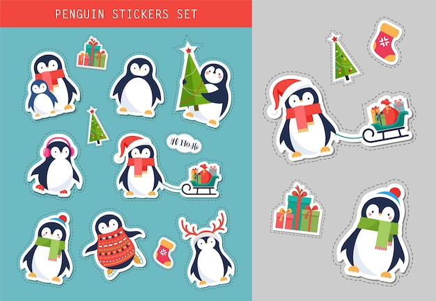 Vector christmas penguin stickers set