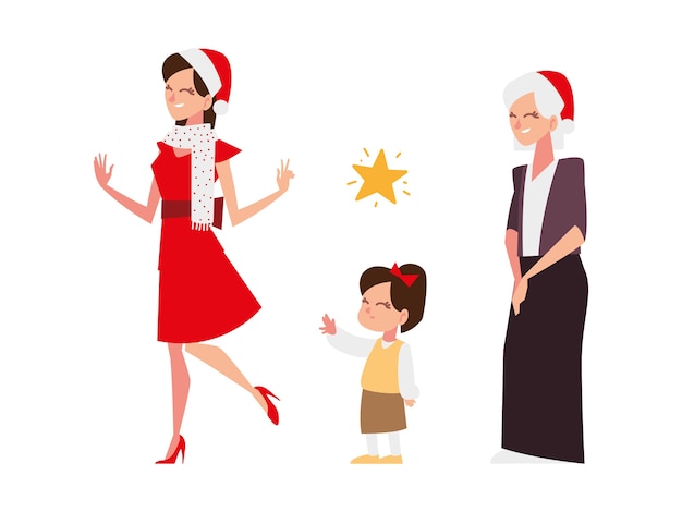 Christmas people, woman grandma and girl celebrating season party illustration