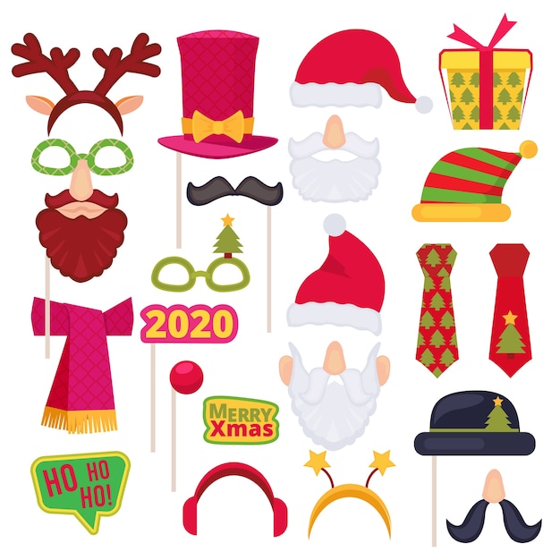 Vector christmas photo booth. santa mask hat snowman new year tree snowflakes holiday costumes decoration. cartoon s