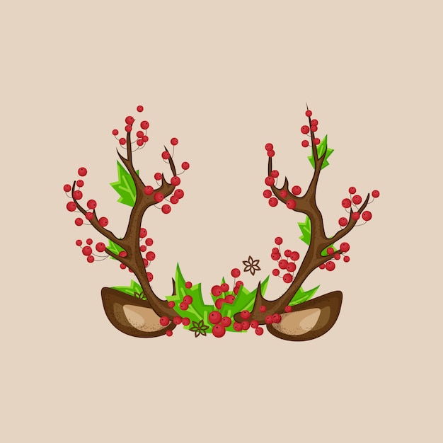 Vector christmas photo prop booth mask deer horns with ears, red berries, green leaves.