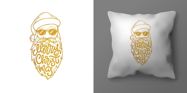 Christmas pillowcase design with illustration of Santa and Merry Christmas lettering. Christmas golden typography in form of beard of Santa Claus. template for your interior design.