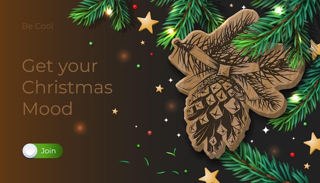 ベクトル モミの枝の装飾が施されたクリスマス松ぼっくり木製おもちゃ web バナー ポスターはがきやグリーティング カードの現実的なデザイン