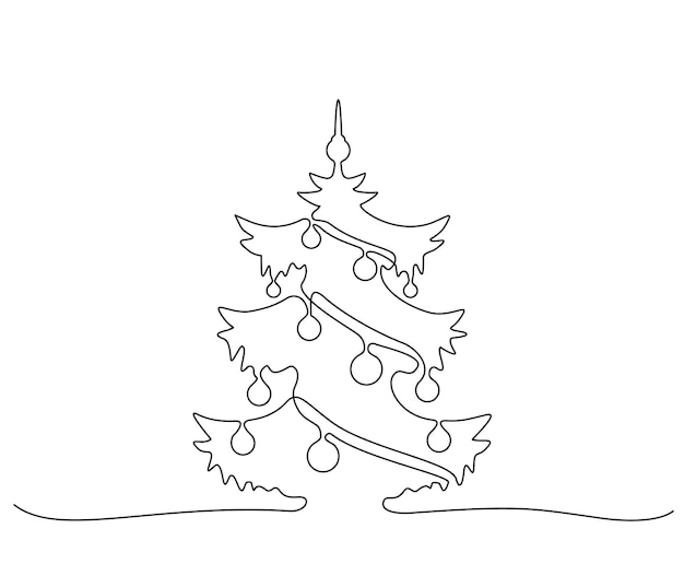 Christmas pine fir tree Continuous drawing in one line Christmas and New Year Drawing with one black line continuous line style drawing