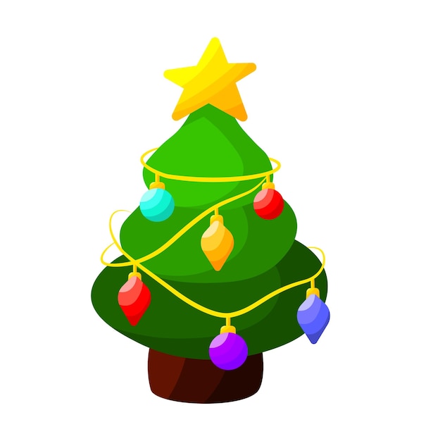 クリスマス, 松の木, 漫画, 隔離された, 白, 背景, ベクトル, イラスト, ∥で∥, 飾られた, 木, 冬, 季節, カード, テンプレート, ∥で∥, 花輪, ボール, おもちゃ, そして, 光沢がある, 星