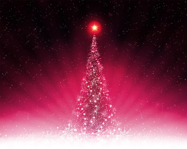Christmas pink card with shiny Christmas tree rays of light