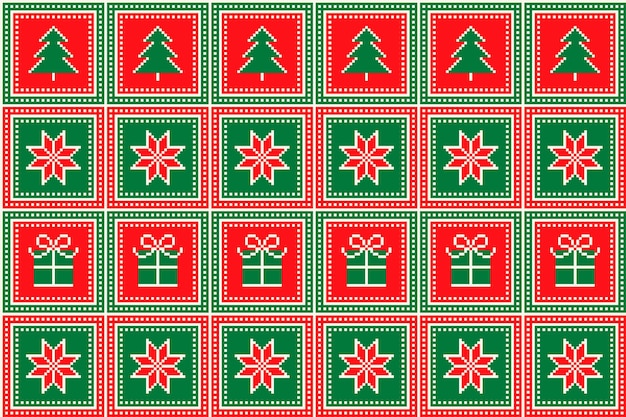크리스마스 나무 별과 선물 상자 제곱 장식 크리스마스 픽셀 패턴