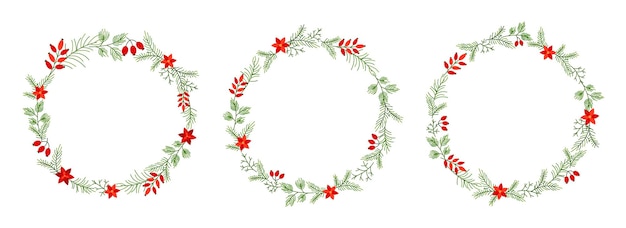 Christmas plant wreath berry spruce linear flat set New Year greeting card holiday circle sticker label minimalism frame border Traditional palette white red green briar poinsettia fir branch decor