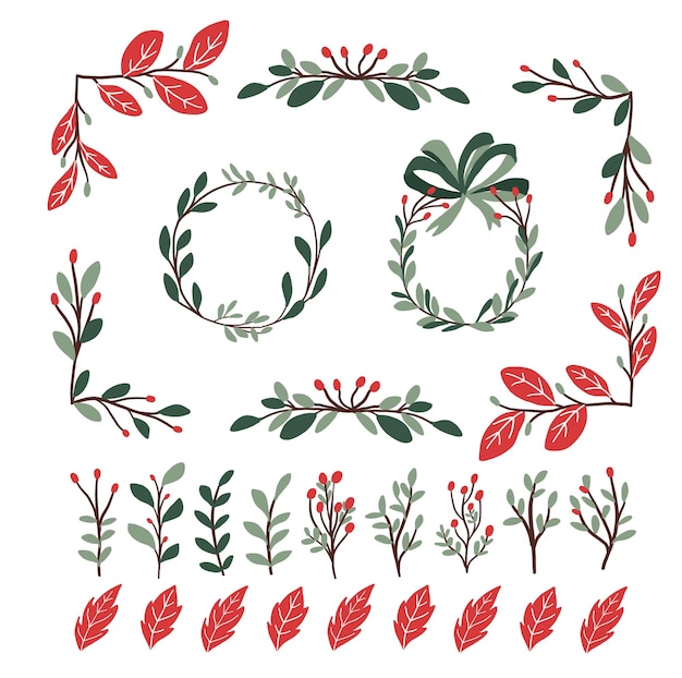 Vector christmas plants decor elements set sticker for bullet journal swirls