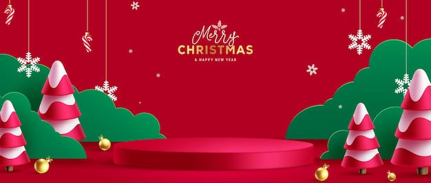 Christmas podium vector design Merry christmas and happy new year greeting text with pine tree