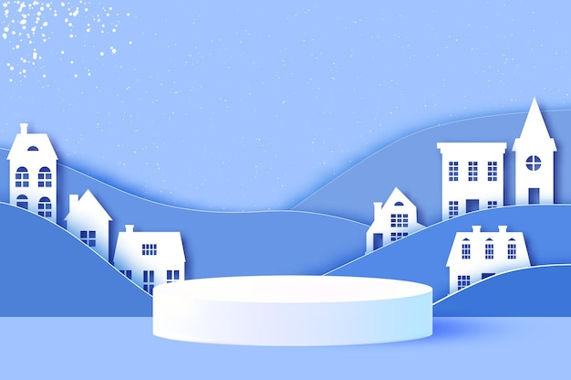 紙でクリスマスの表彰台を切る市の村の風景村の台座最小限の幾何学的な家で上に表示製品のモックアップデザイン用の紙のカット波青