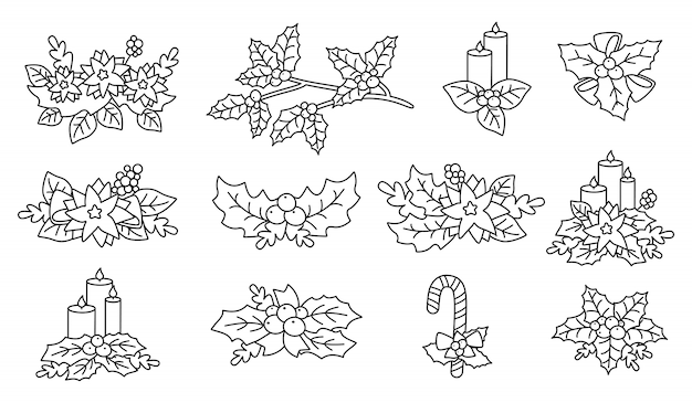 Рождественская пуансеттия, холли, набор свечей. линейный плоский мультфильм элементы дизайна. новый год и рождество наброски композиции. ягоды и конфеты, коллекция цветов, со звездами. изолированная иллюстрация