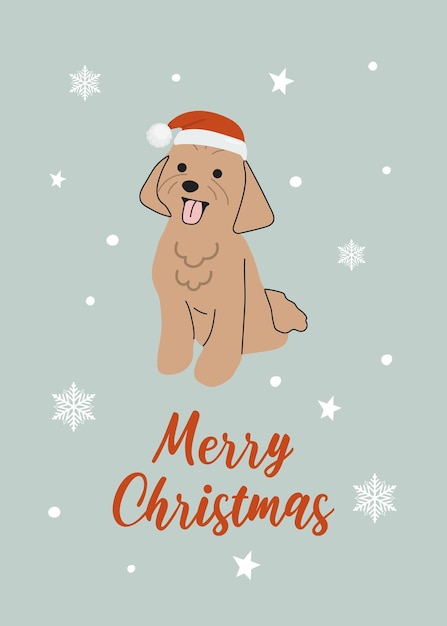 벡터 크리스마스 푸들 손으로 그린 스타일 인사 텍스트 메리 크리스마스 인사 카드 포스터 및 계절 디자인에 대한 아름다운 일러스트레이션