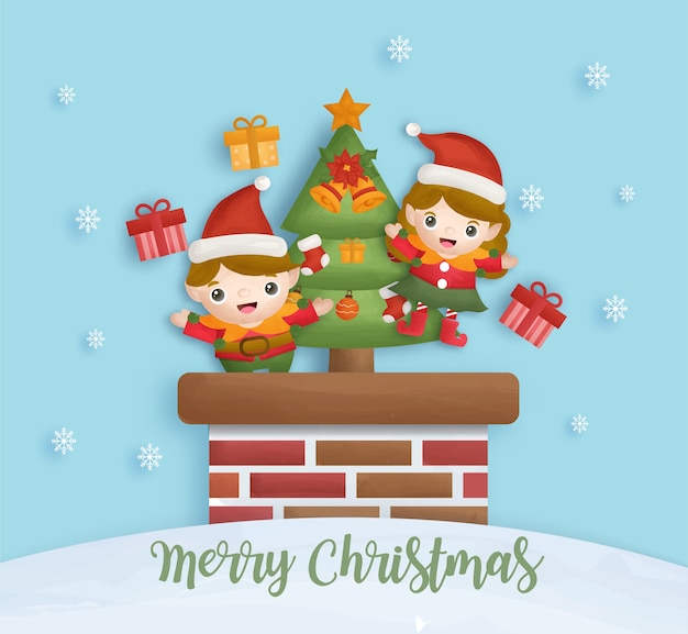 かわいいエルフとクリスマスツリーのクリスマスポストカード。