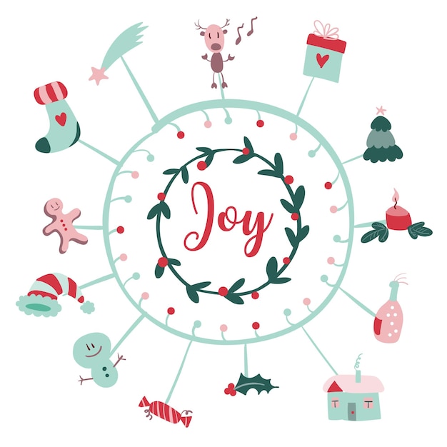 陽気なクリスマスの落書きと現代のクリスマスの記章callygraphicロゴベクトルとクリスマスポストカード